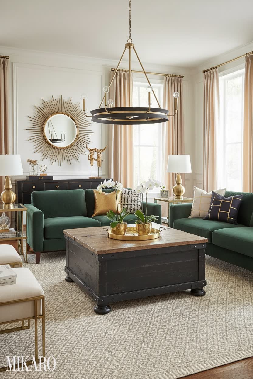 Hollywood Regency Living Room: Chandelier, Coffee Table, and Rug for Glamorous Home Decor