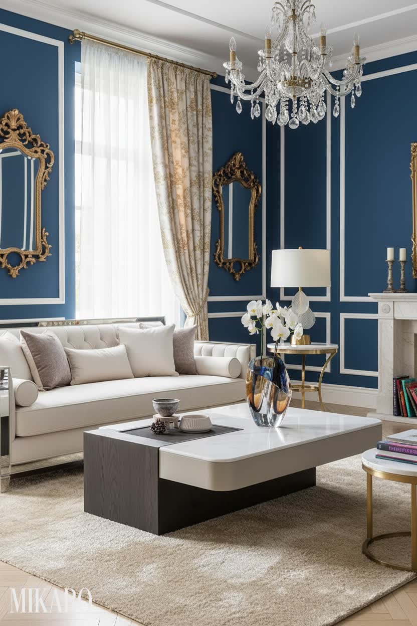 Hollywood Regency Living Room: Gilded Accents & Blue Walls