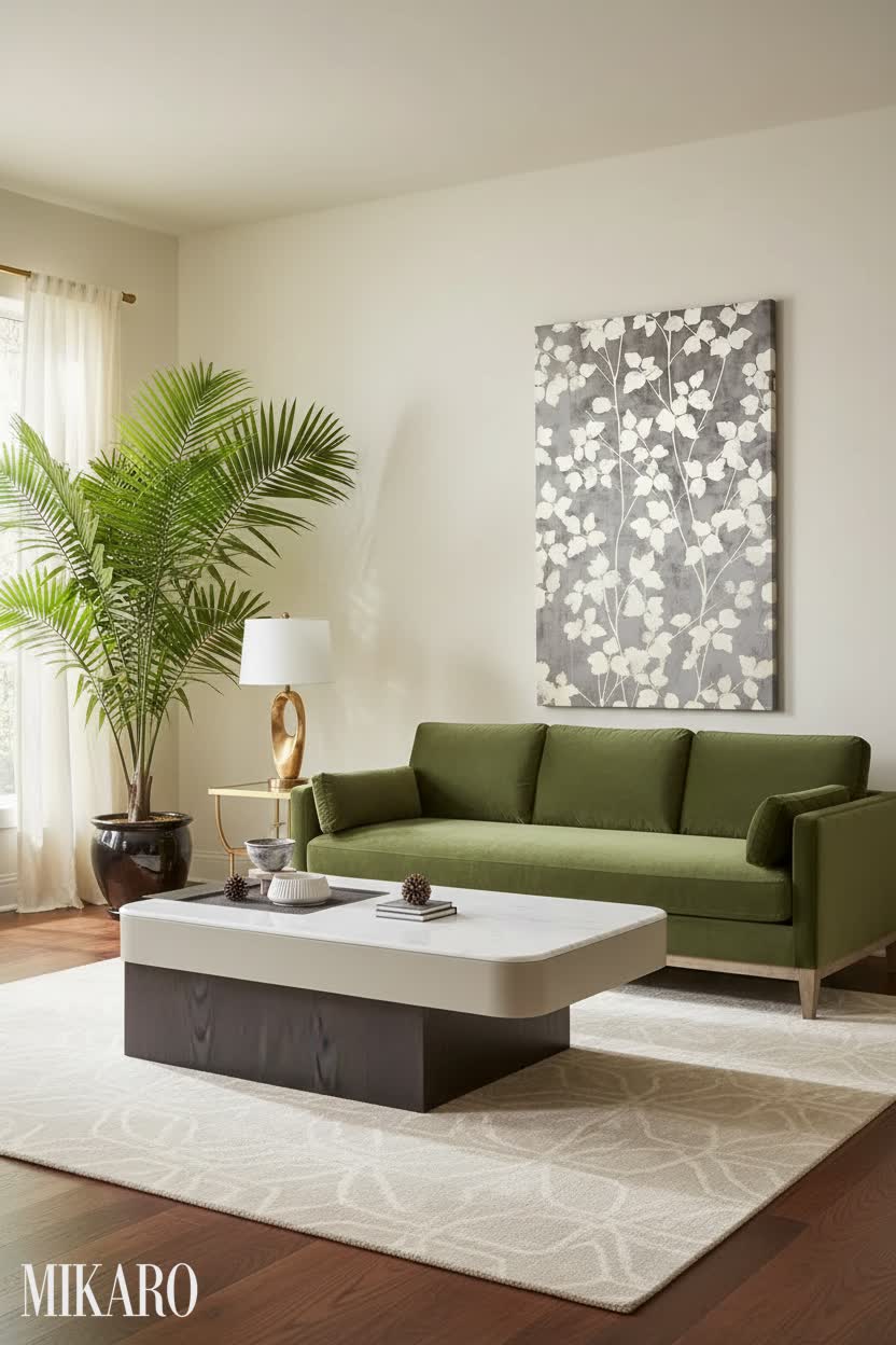 Hollywood Regency Living Room: Olive Green Velvet Sofa & Modern Nordic Coffee Table