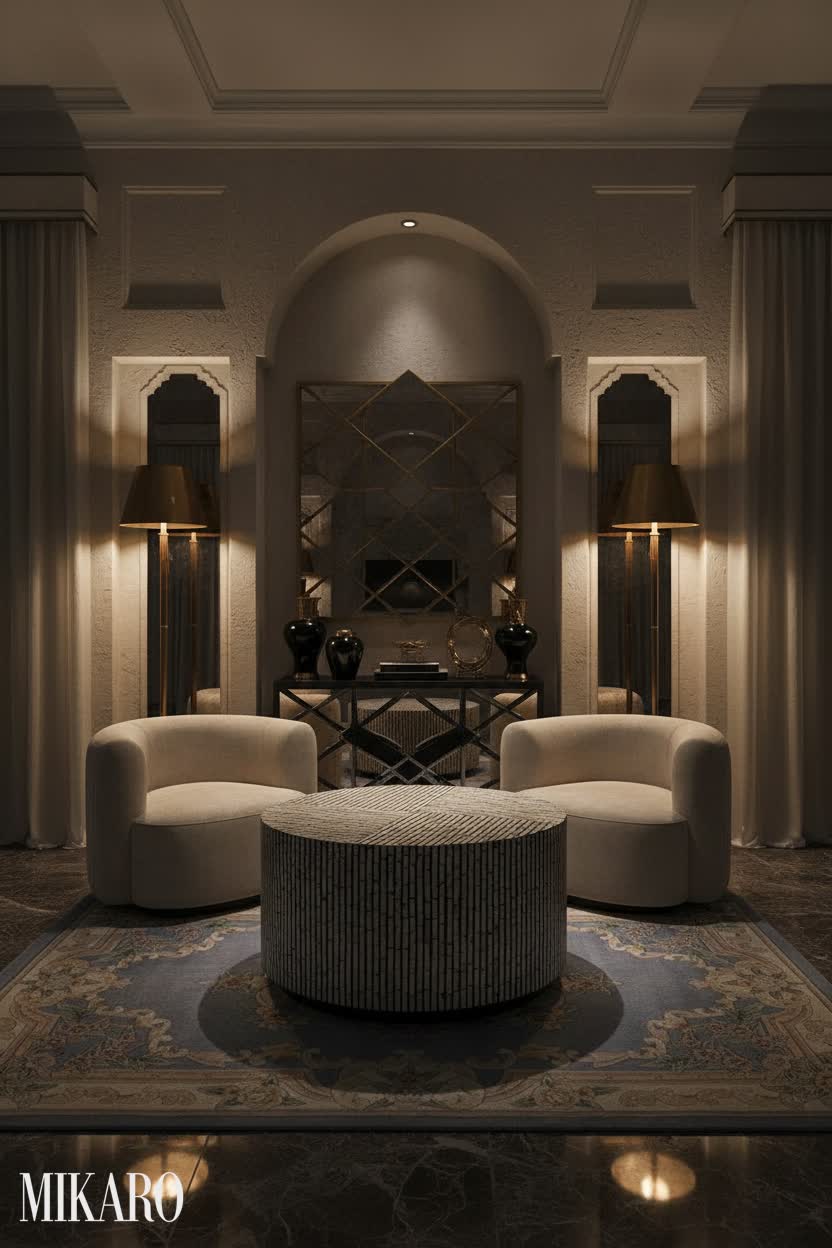 Hollywood Regency: Luxurious Niche Design with Opulent Accents and Moody Lighting
