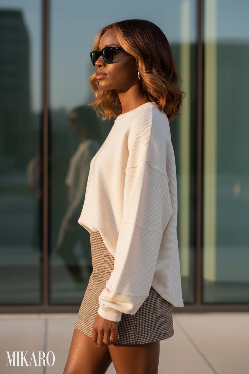 Houndstooth Mini Skirt & Waffle Knit Top