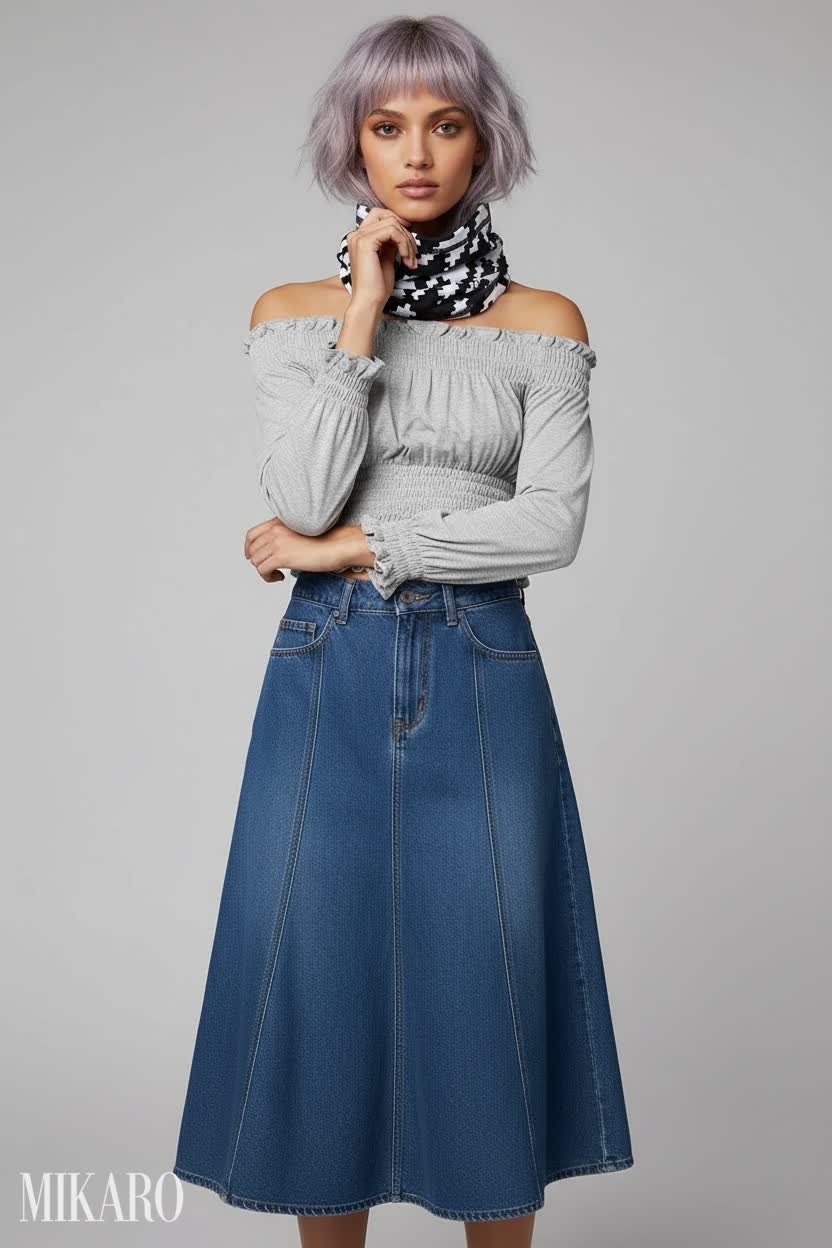 Houndstooth Snood, Off-Shoulder Top & Denim Skirt Ensemble