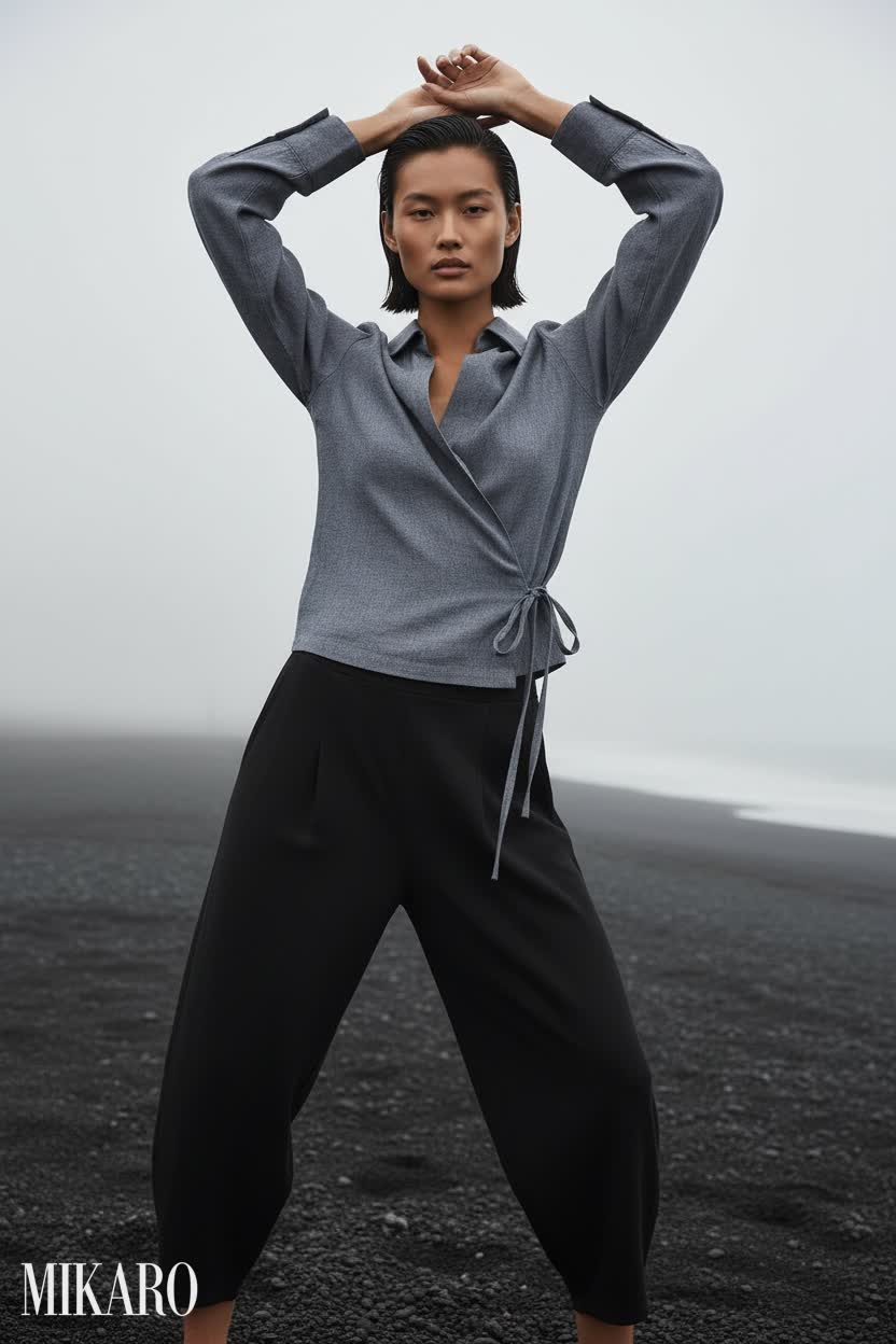 Indigo Grey Wrap Top & Black Lantern Pants