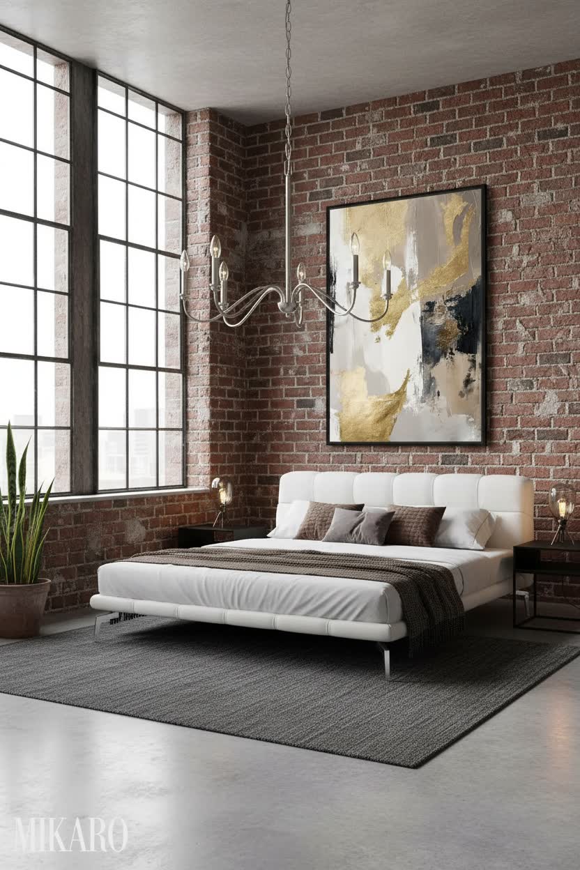 Industrial Chic Bedroom: White Leather Bed, Modern Chandelier & Abstract Art