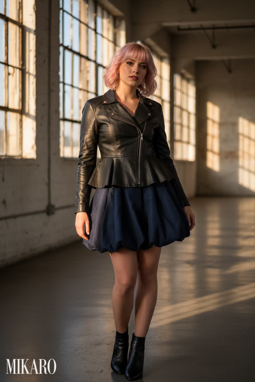Industrial Chic: Leather and Bubble Skirt Ensemble