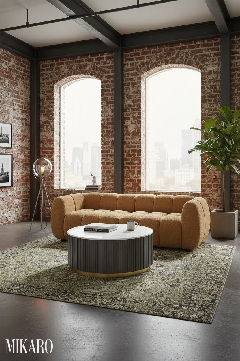 Industrial Chic Living Room: Marble & Boucle Sofa, Green Medallion Rug