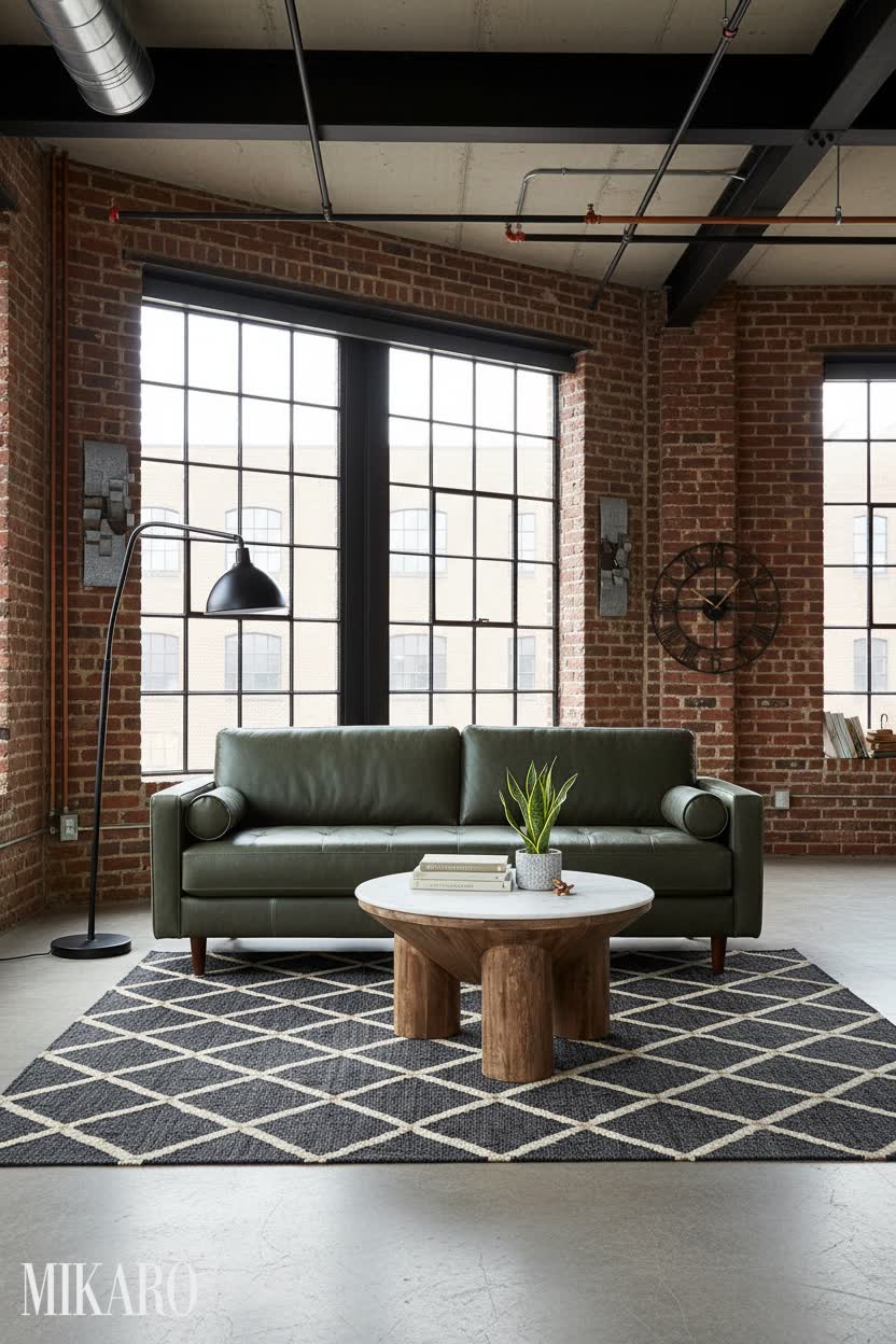 Industrial Chic Living Room: Marble & Wood Coffee Table, Green Leather Sofa, Jute Rug