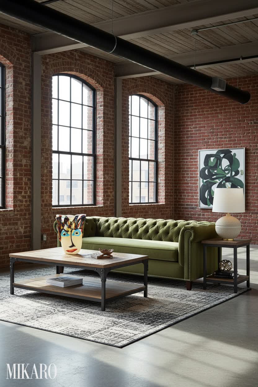 Industrial Chic Living Room: Olive Velvet Sofa & Artistic Murano Glass Accent