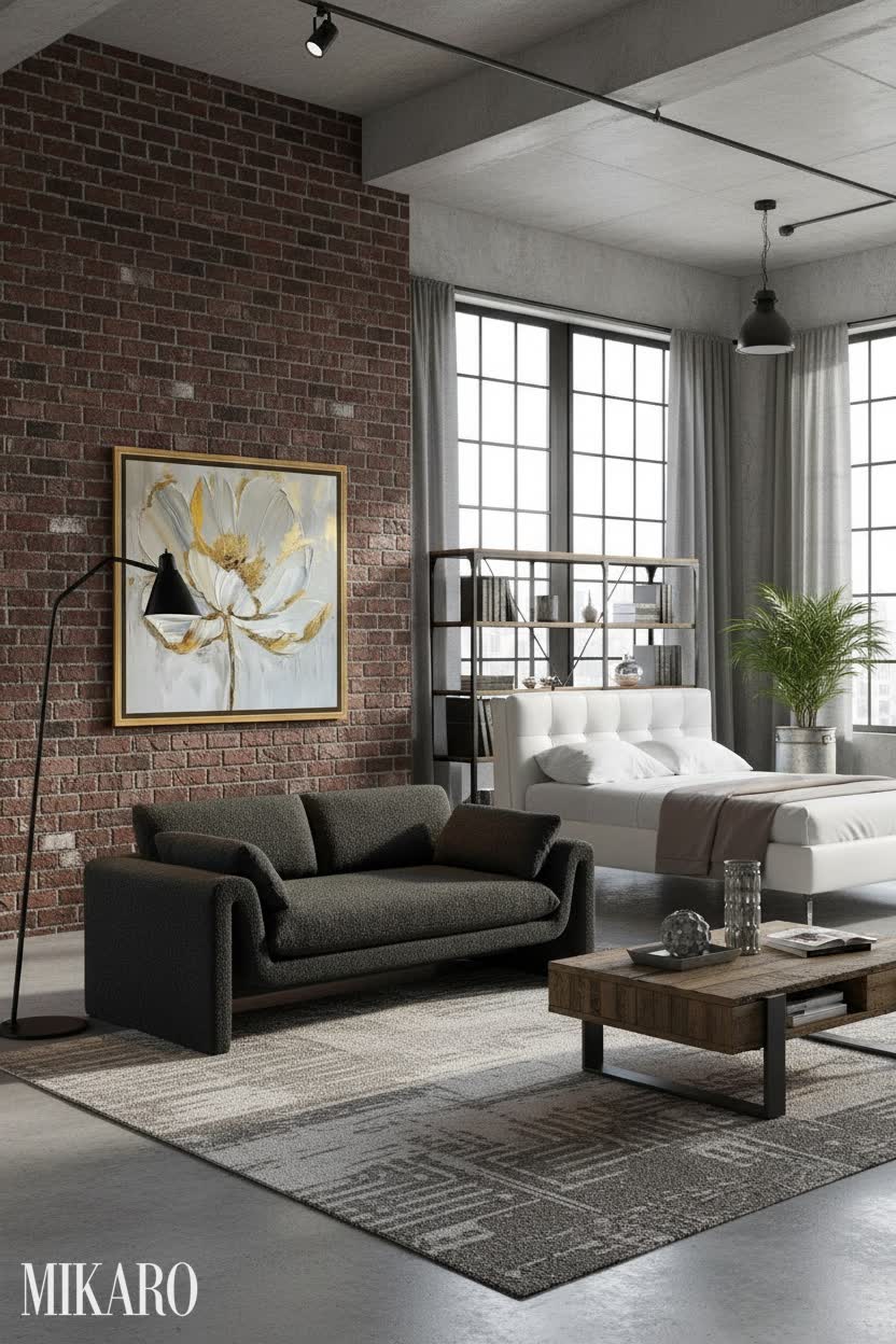 Industrial Chic Oasis: Modway Sofa, Gold Magnolia Art & White Leather Bed in a Modern Loft