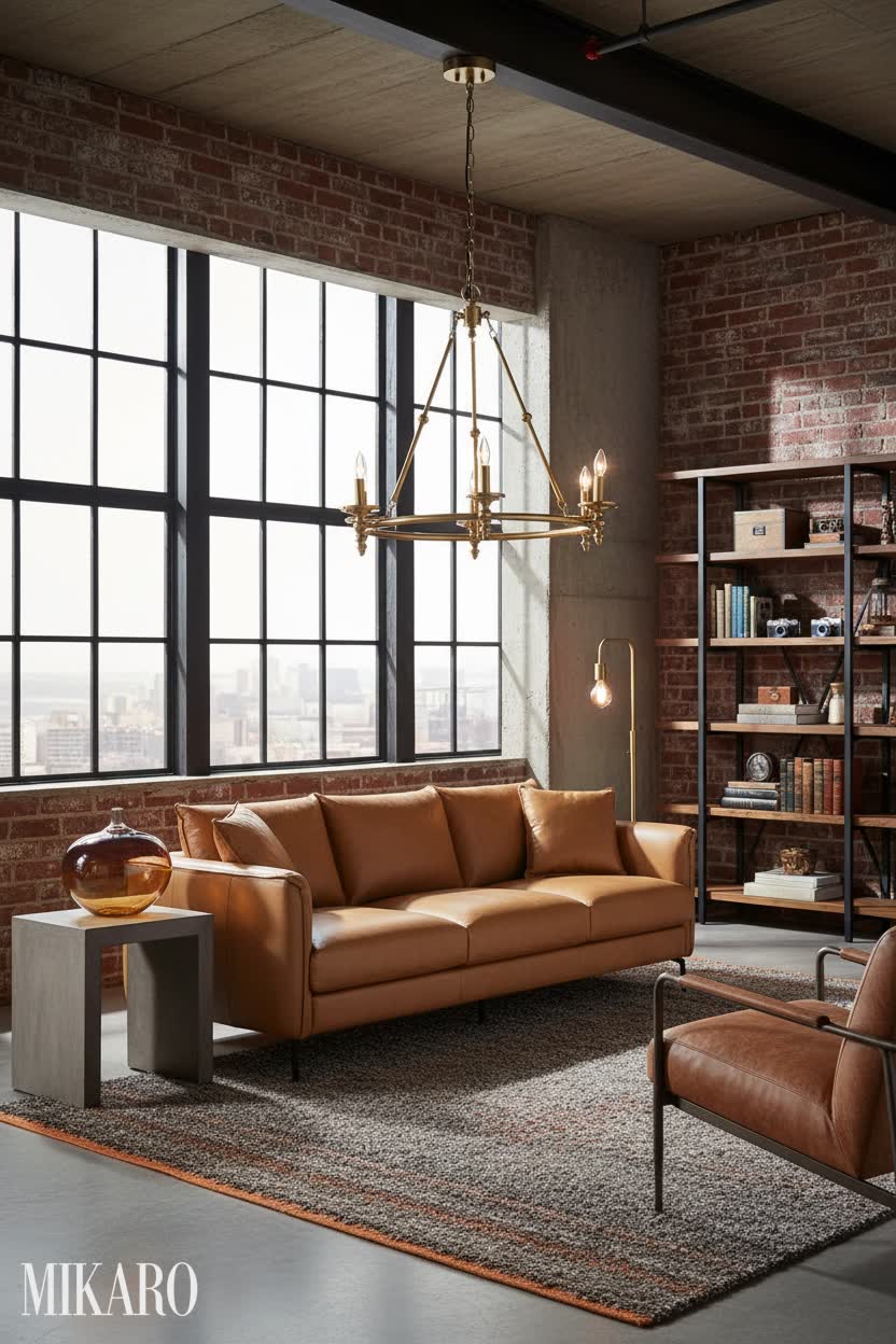 Industrial: Cognac Leather & Golden Accents Living Room