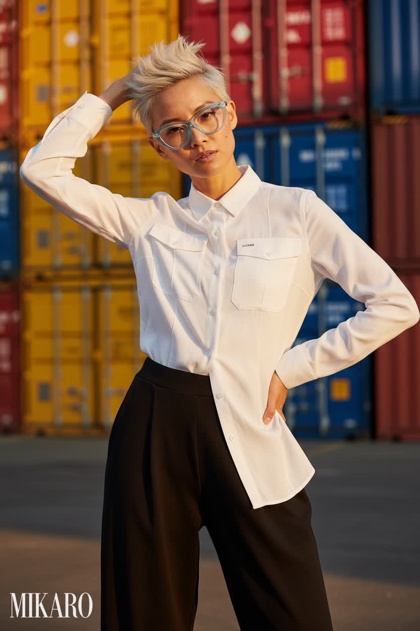 Industrial Edge: White Shirt, Black Pants, and Blue Eyewear