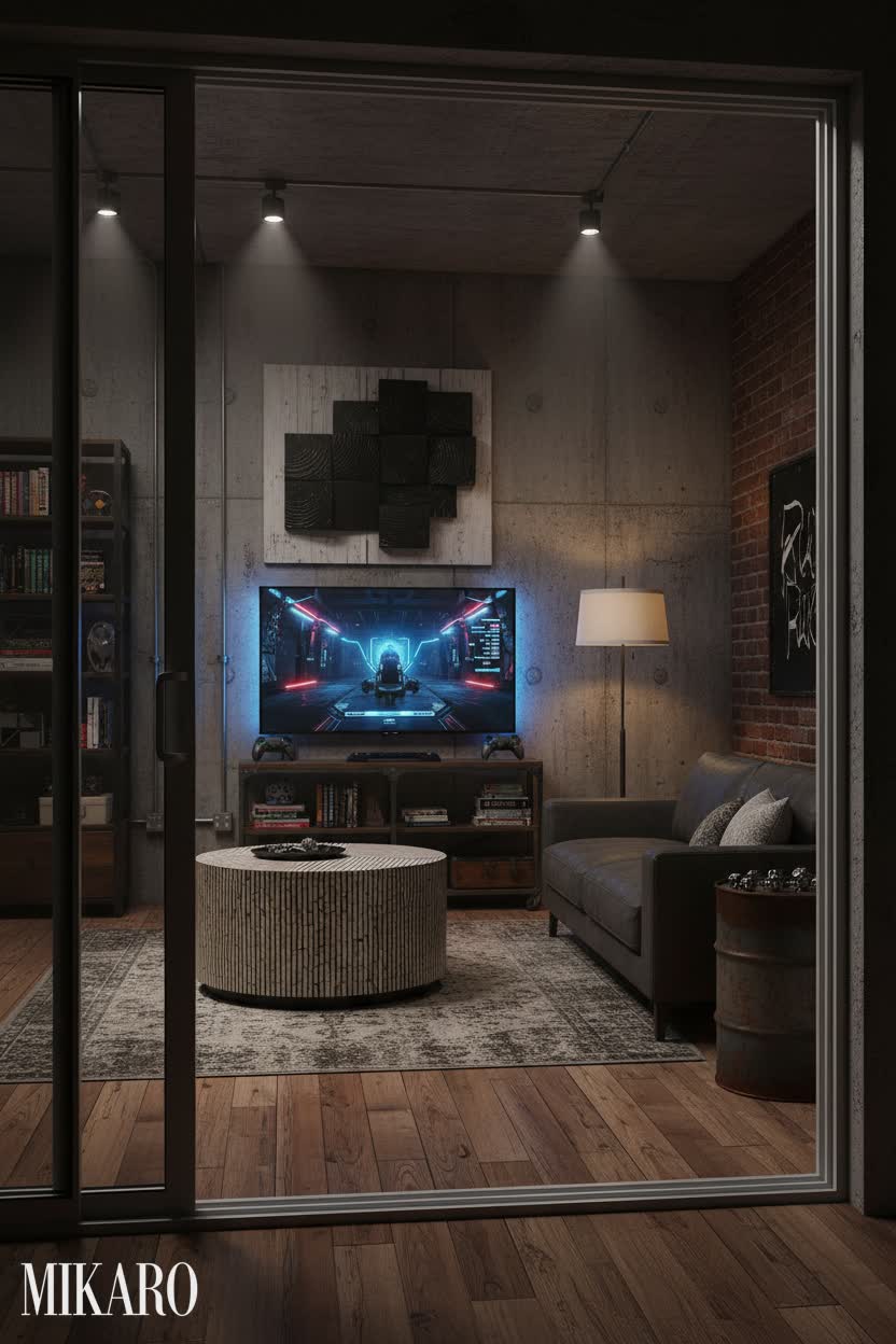 Industrial Game Room: Neon Glow & Concrete Chic for Modern Living