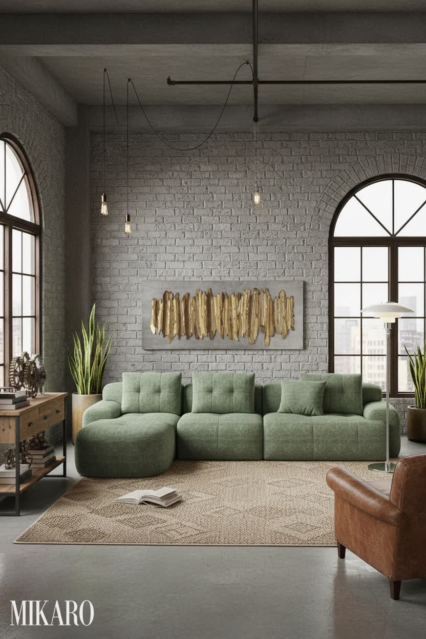 Industrial Living Room: Sage Green Sectional & Metal Art