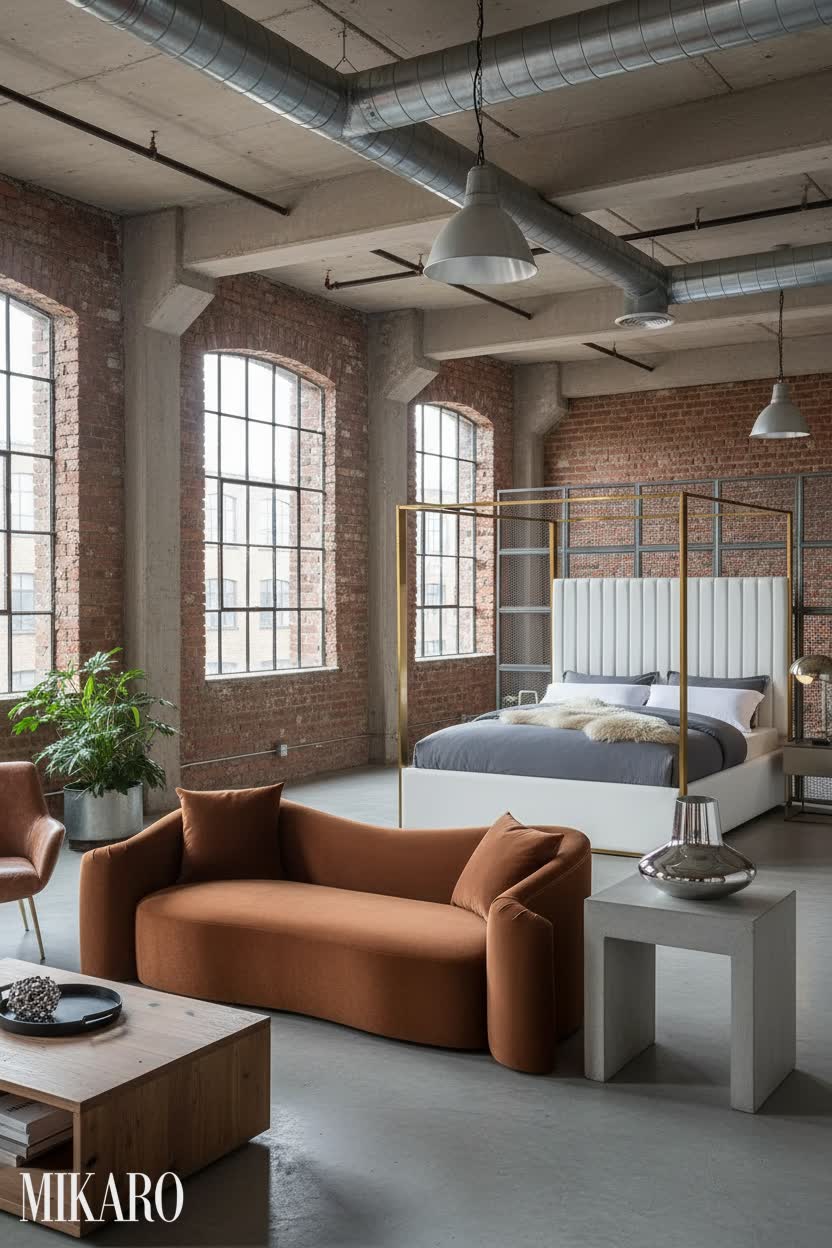 Industrial Loft Living: Cognac Velvet Sofa, Faux Leather Bed & Koppel Vase