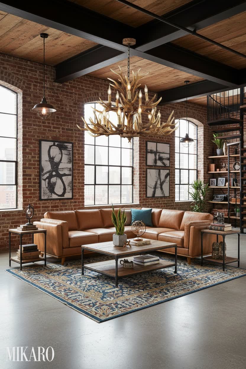 Industrial Loft Living Room: Leather Sectional, Oriental Rug & Antler Chandelier