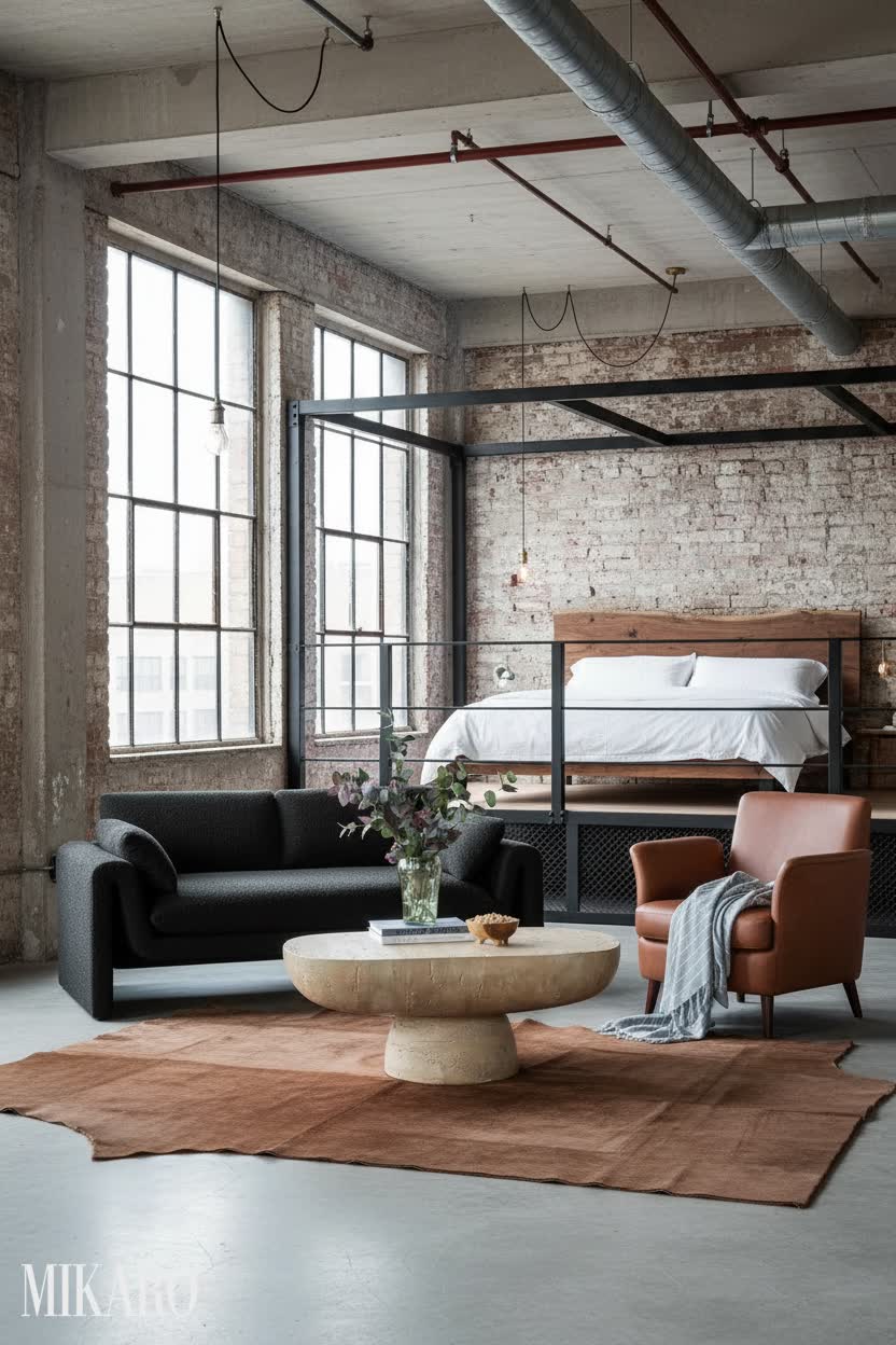 Industrial Loft Living Room: Urban Chic with Faux Stone Coffee Table & Boucle Sofa