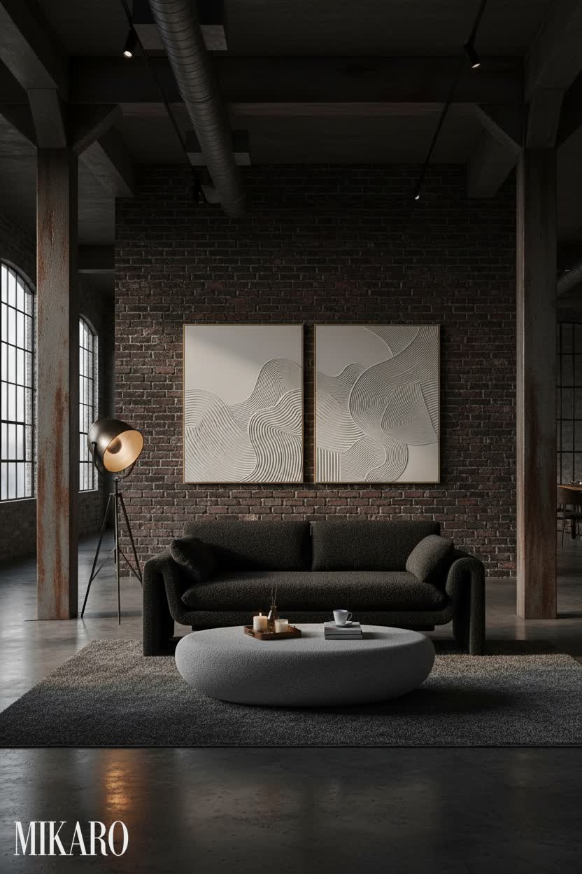 Industrial Loft: Moody Ambiance with Black Boucle and Abstract Art