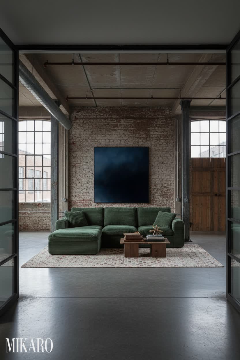 Industrial Loft: Moody Green Corduroy Oasis in an Urban Sanctuary