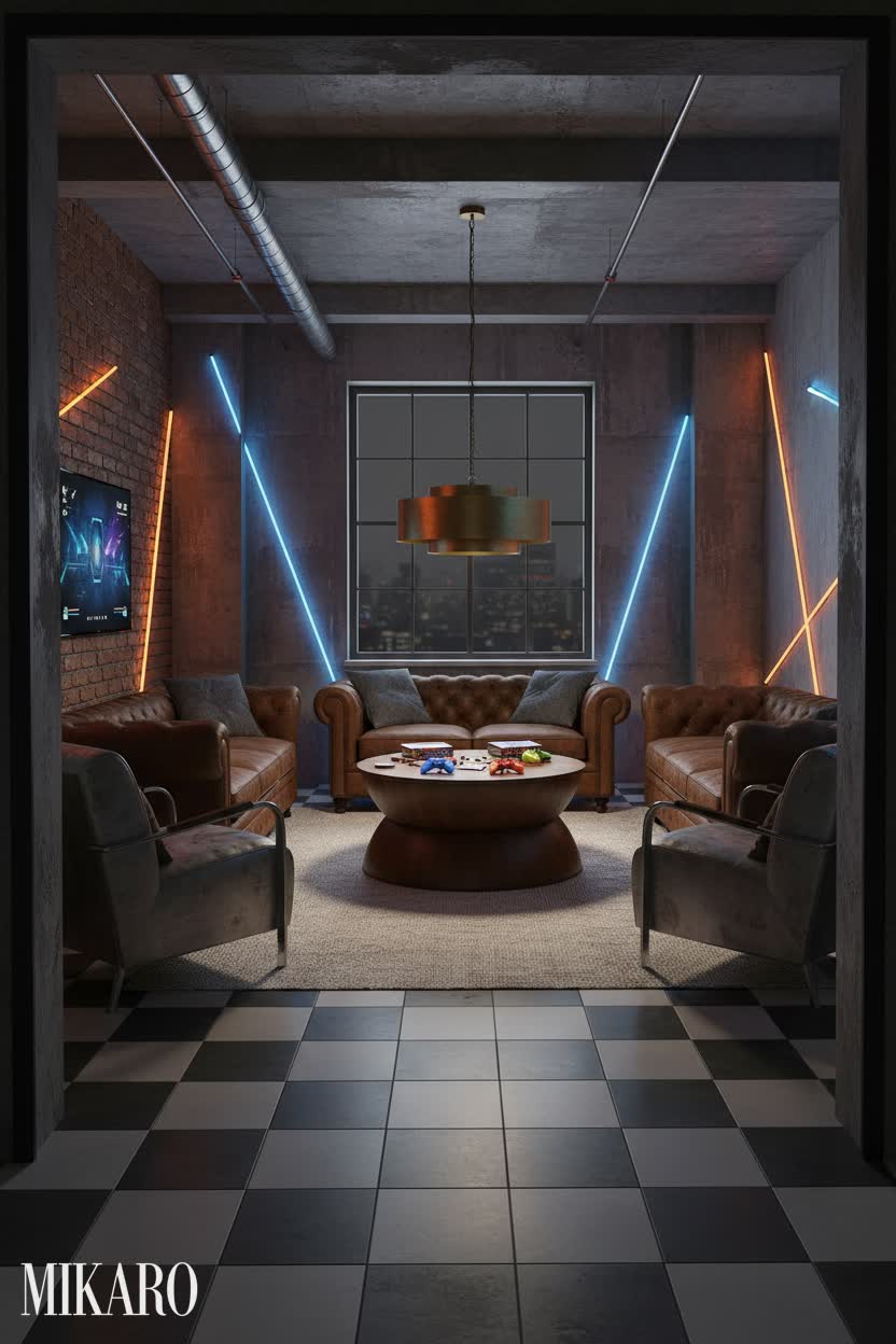 Industrial: Neon-Lit Game Room in a Functional Kitchen Space