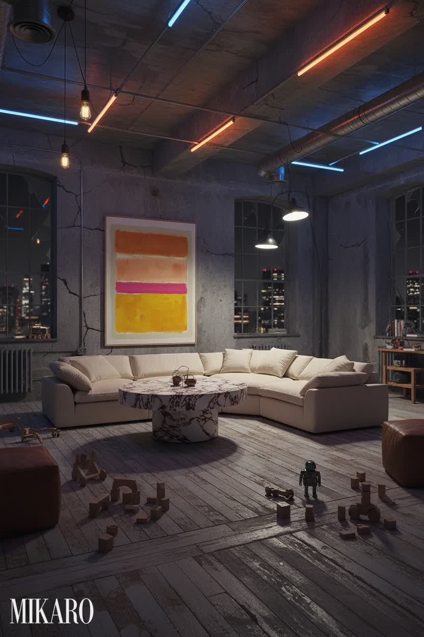 Industrial: Neon-Lit Night and Textured Comfort in a Playroom Setting