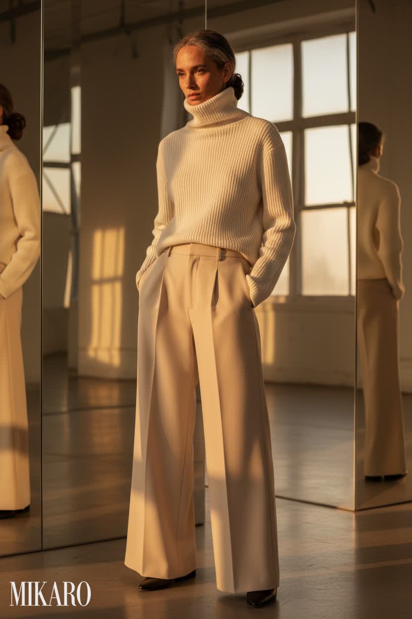 Ivory Knit Top & Apricot Wide-Leg Pants Ensemble