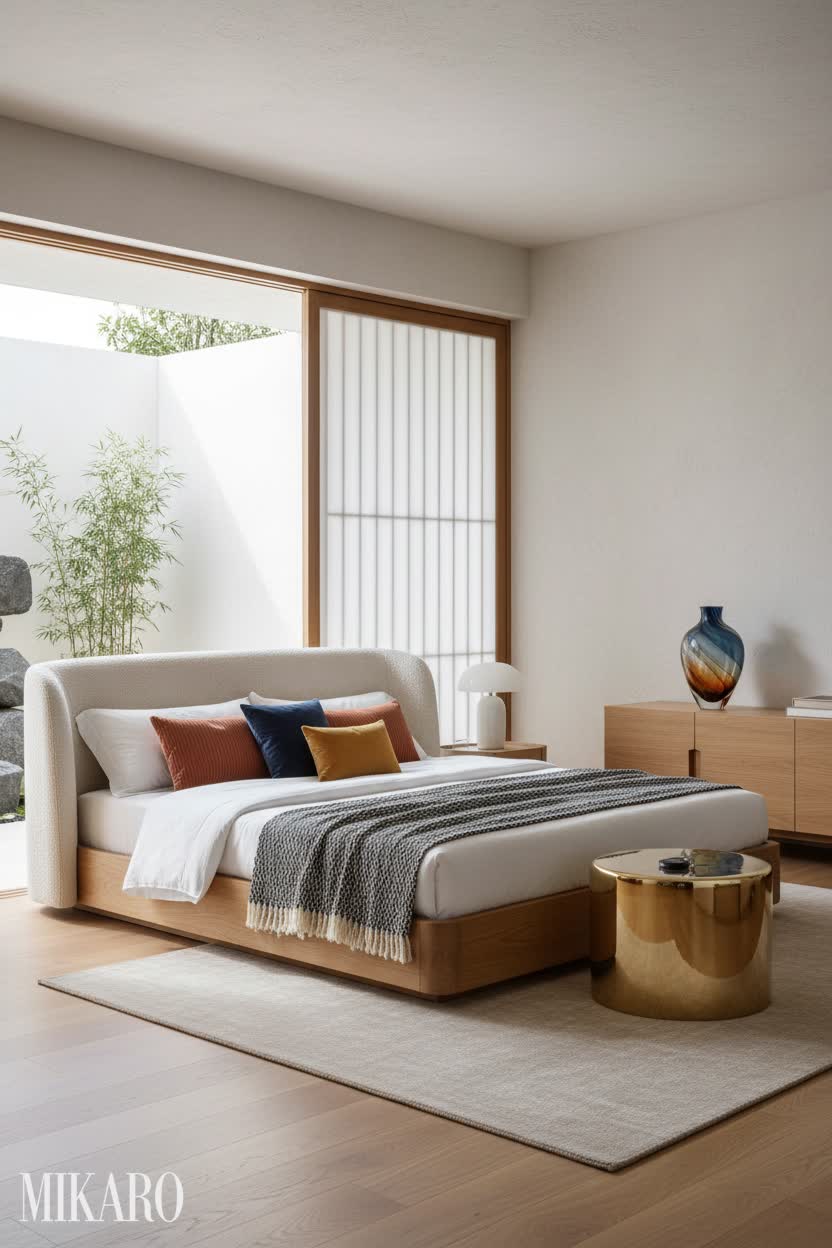 Japandi Bedroom Bliss: Modern Boucle Bed, Gold Coffee Table & Artisan Vase Decor