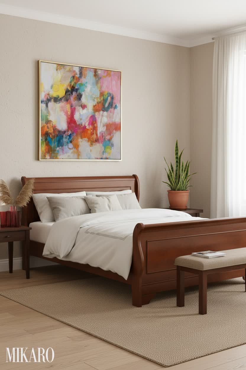 Japandi Bedroom Retreat: Cherry Sleigh Bed, Abstract Art & Aalto Vase Design Inspiration