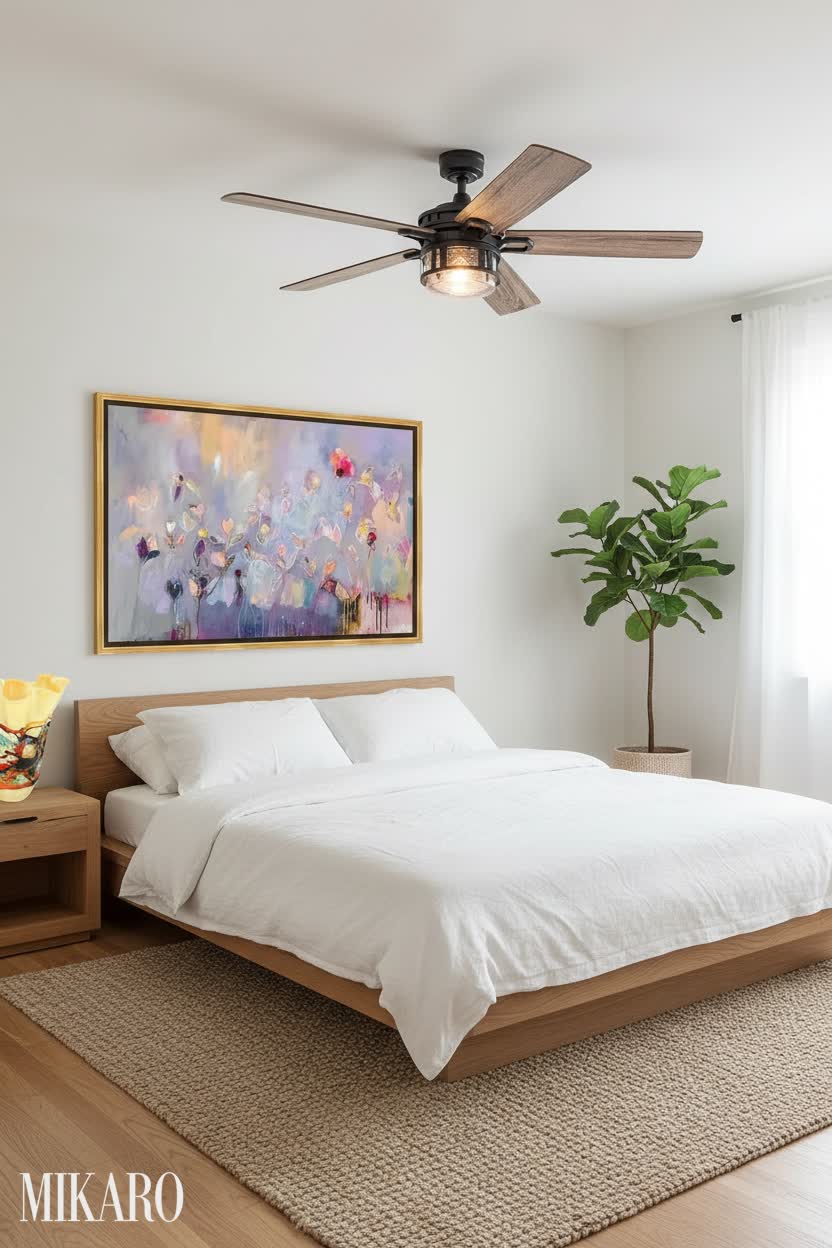 Japandi Bedroom Retreat: Modern Fan, Murano Vase, & Abstract Art for Serene Living