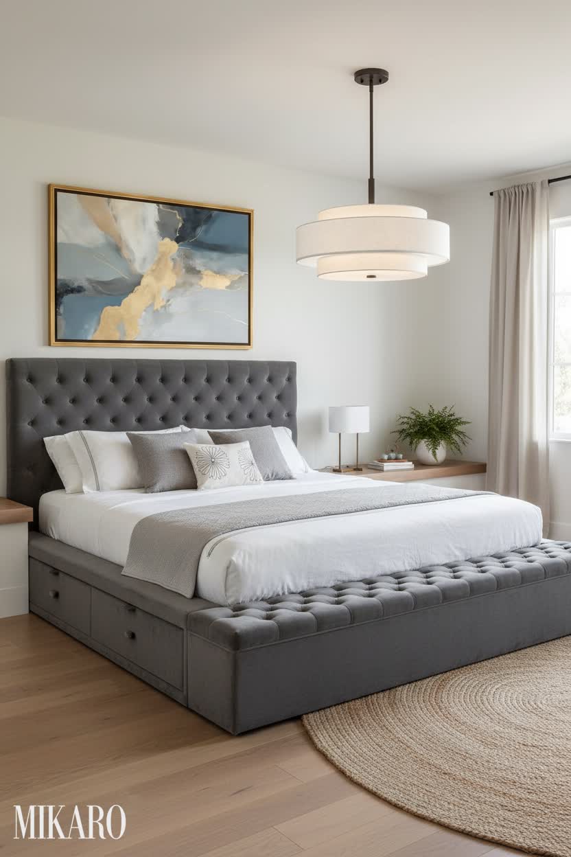 Japandi Bedroom Serenity: Velvet Tufted Bed & Elegant Pendant Light