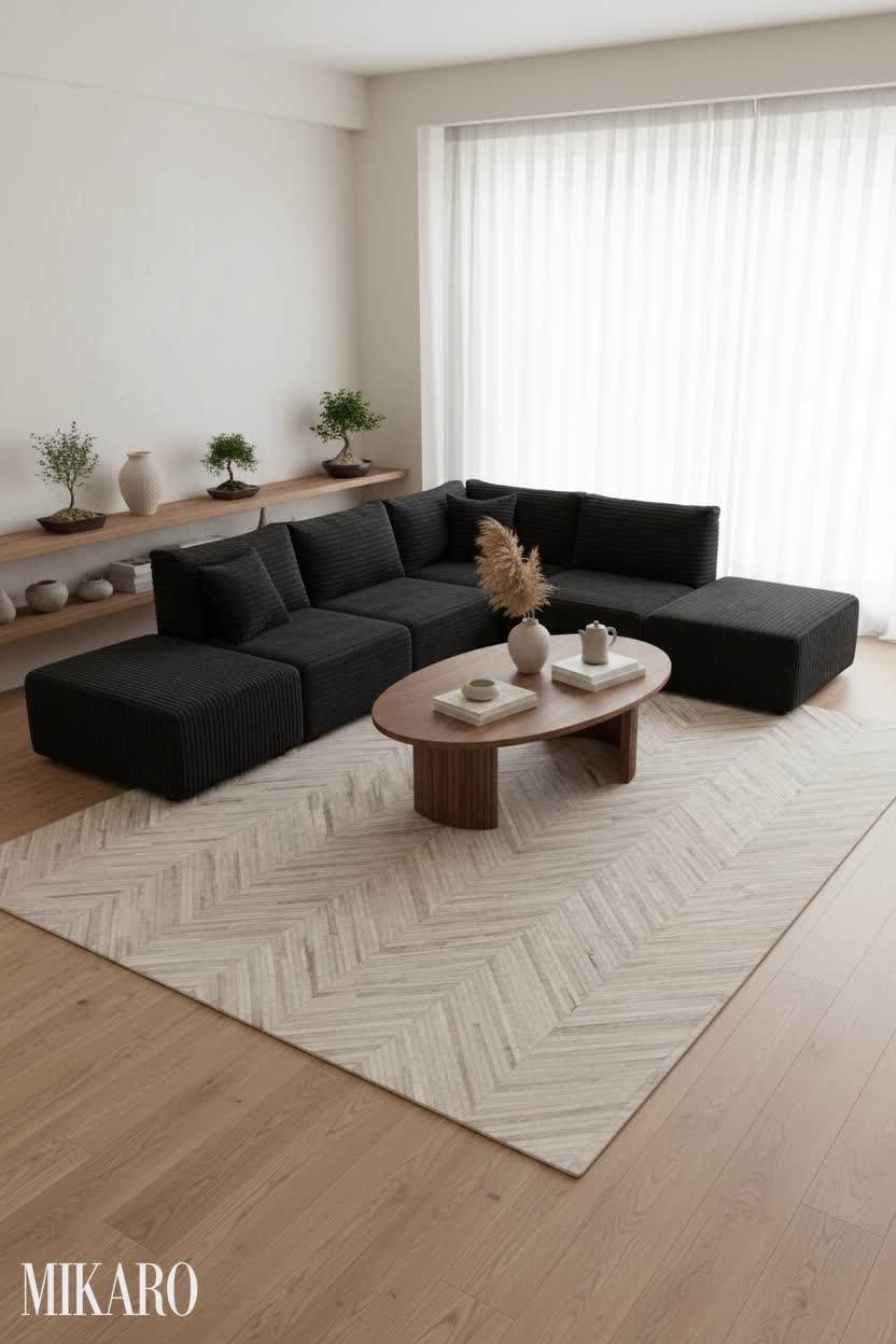 Japandi: Corduroy & Cowhide Textures in Serene Living Room