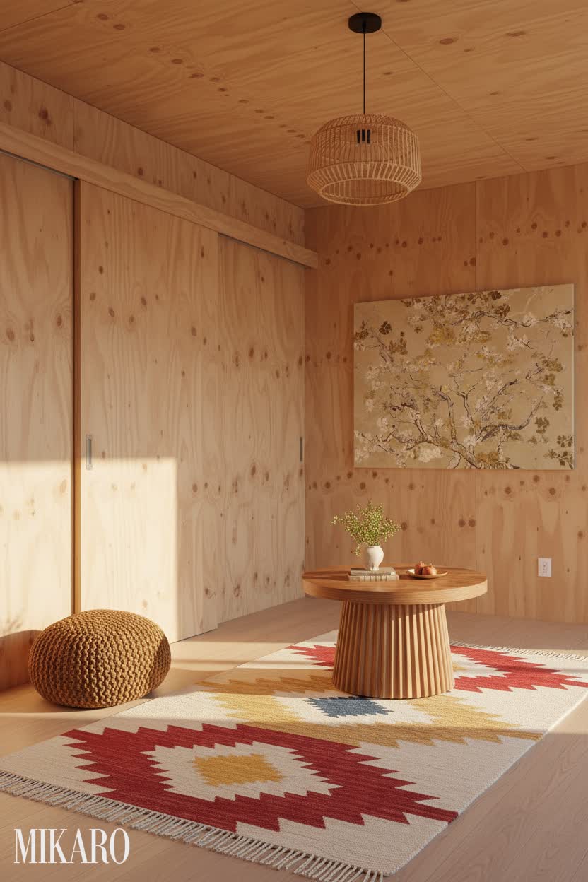 Japandi: Cozy Craft Room with Plywood Walls and Natural Textures