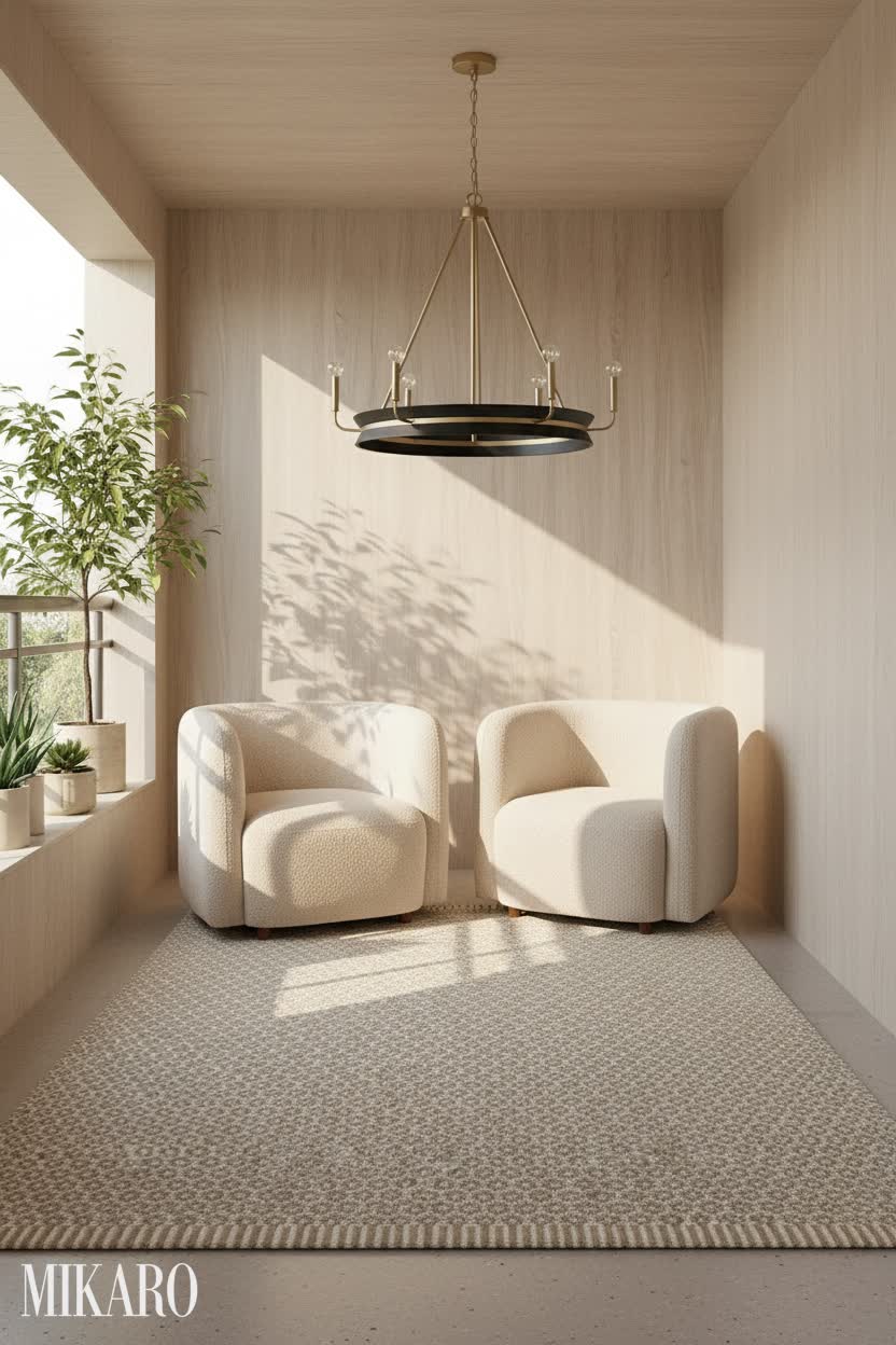 Japandi: Dorm Room Balcony Transformation with Boucle Chairs & Chandelier