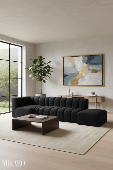 Japandi Living Room: Black Boucle Sofa, Abstract Art & Shimmering Rug for Zen Comfort