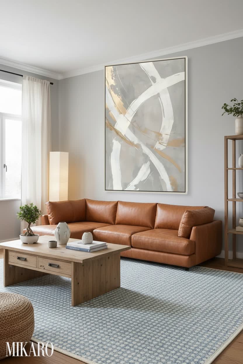 Japandi Living Room: Cognac Leather Sectional, Blue Geometric Rug & Abstract Art
