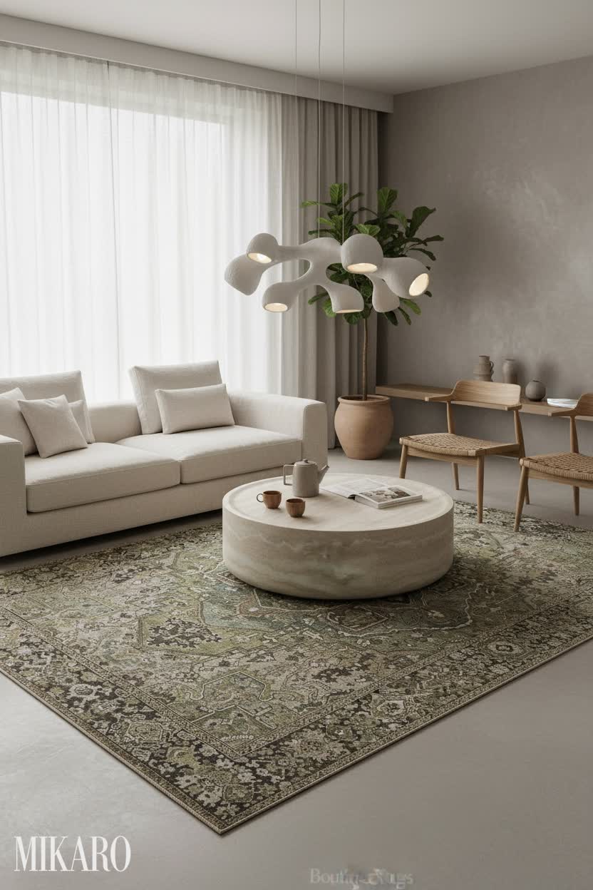 Japandi Living Room Design: Green Medallion Rug, Minimalist Pendant Light, Marble Coffee Table