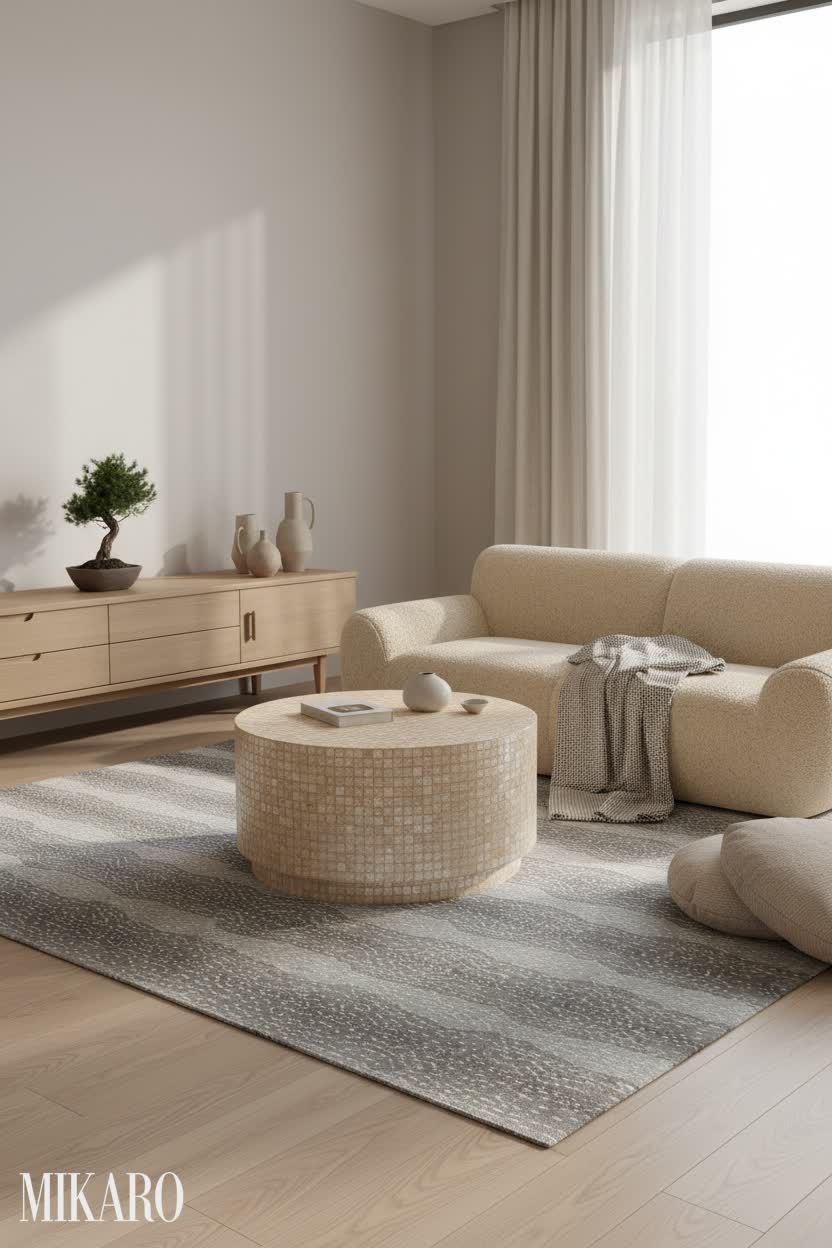 Japandi Living Room Oasis: Linon Gold Capiz Coffee Table & Plush Sofa