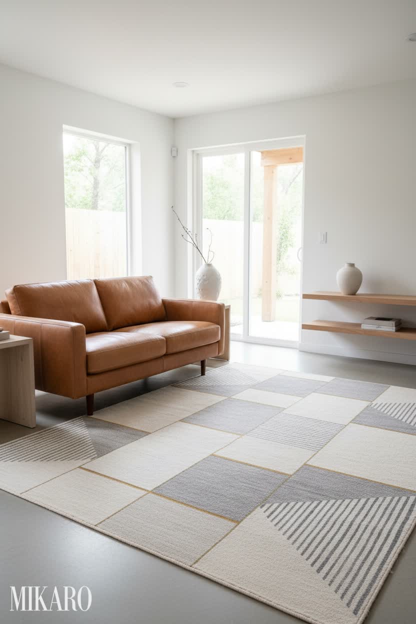 Japandi Living Room Oasis: Minimalist Rug, Leather Loveseat & Ceramic Vase Harmony