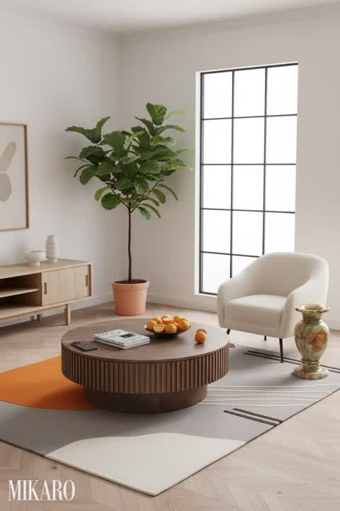 Japandi Living Room Oasis: Modern Coffee Table, Abstract Rug & Green Onyx Vase Decor