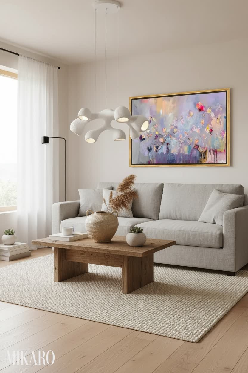 Japandi Living Room Oasis: Rustic Vase, Abstract Art & Wabi-Sabi Light