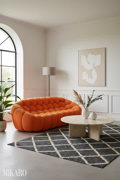 Japandi Living Room: Orange Bubble Sofa, Marble Coffee Table & Jute Rug Harmony