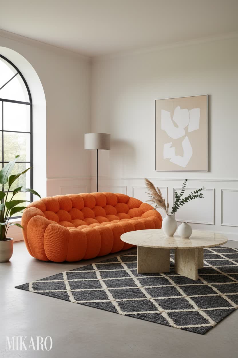 Japandi Living Room: Orange Bubble Sofa, Marble Coffee Table & Jute Rug Harmony