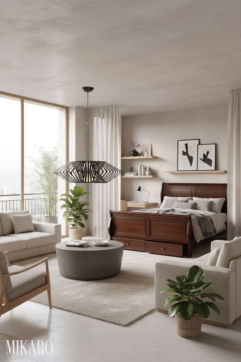 Japandi Open Plan Living: Modern Urban Sanctuary with Integrated Zones and Minimalist Design