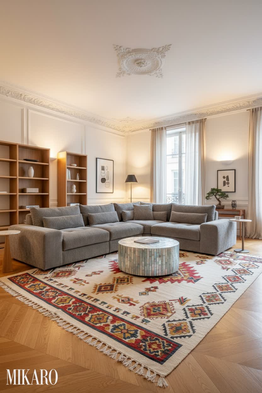 Japandi: Parisian Living Room with Modular Sofa & Tribal Rug