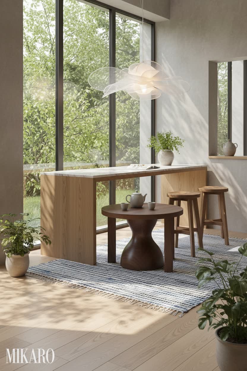 Japandi: Serene Breakfast Bar with Dappled Light
