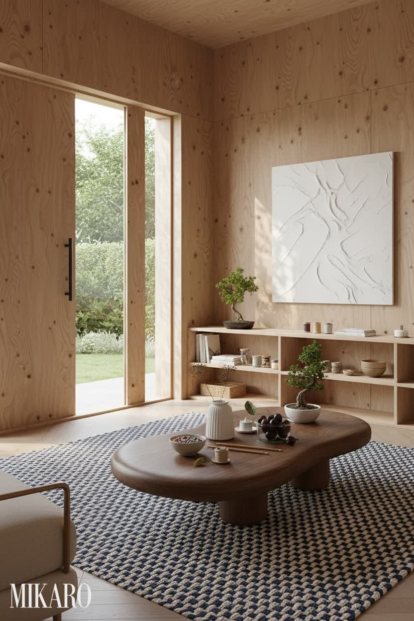 Japandi: Serene Craft Room with Plywood Walls and Minimalist Design
