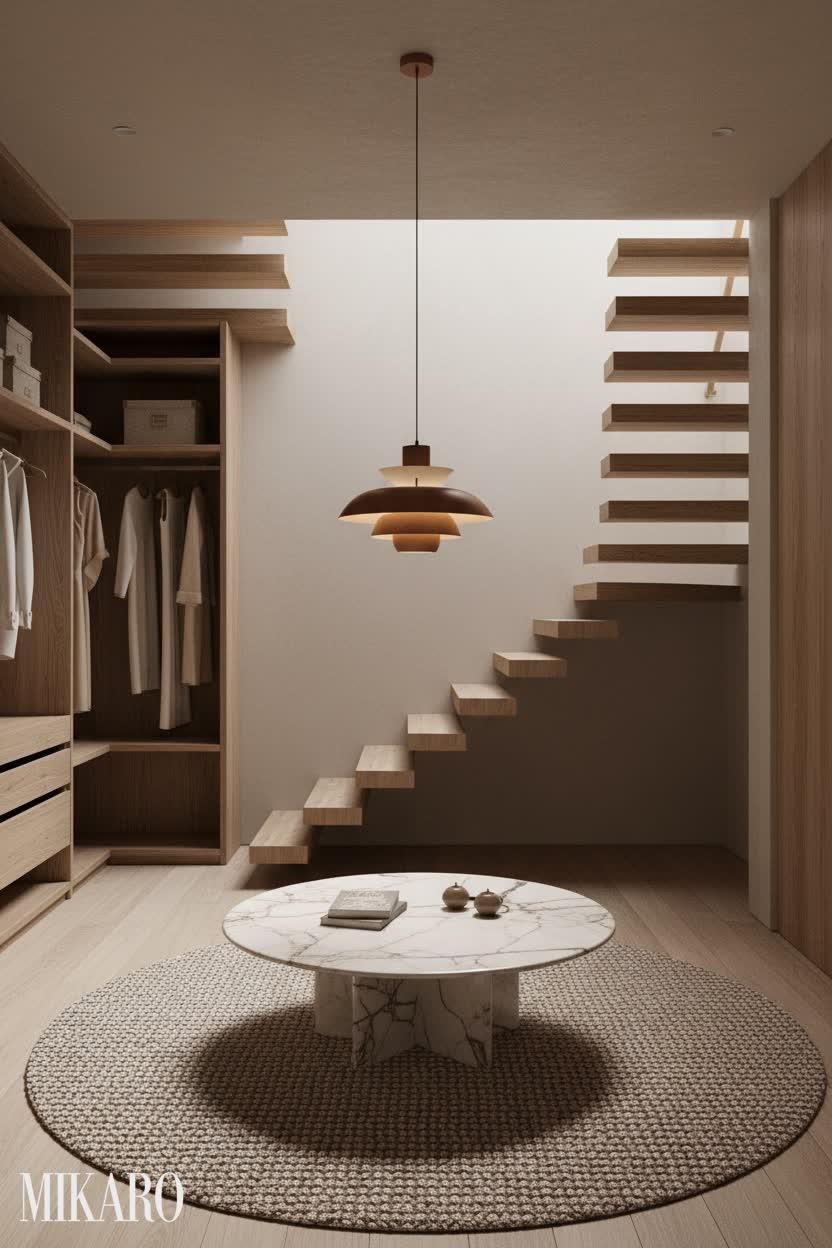 Japandi: Serene Walk-in Closet with Floating Stairs & Natural Accents