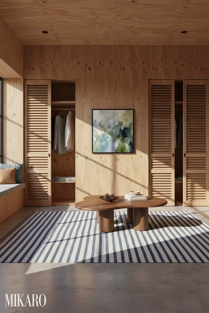 Japandi: Serene Walk-in Closet with Plywood Walls
