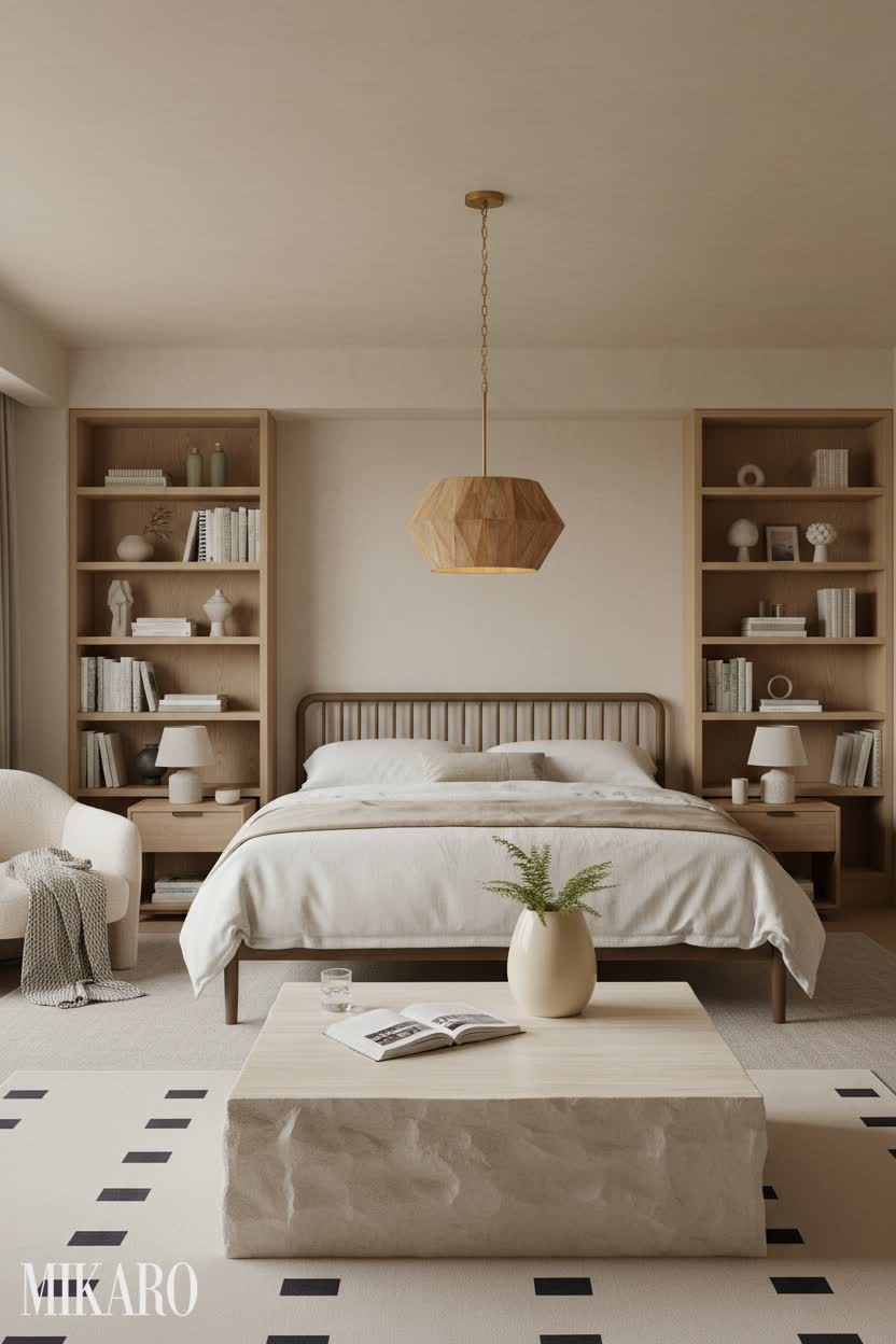Japandi: Tranquil Bedroom Library Retreat with Modern Accents