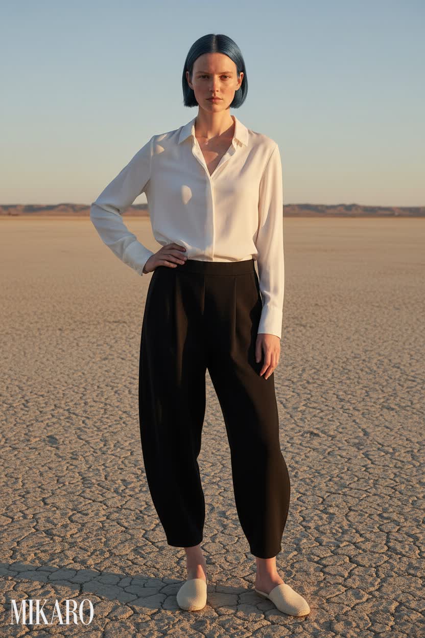 Jet Black Lantern Pants and Natural White Silk Blouse