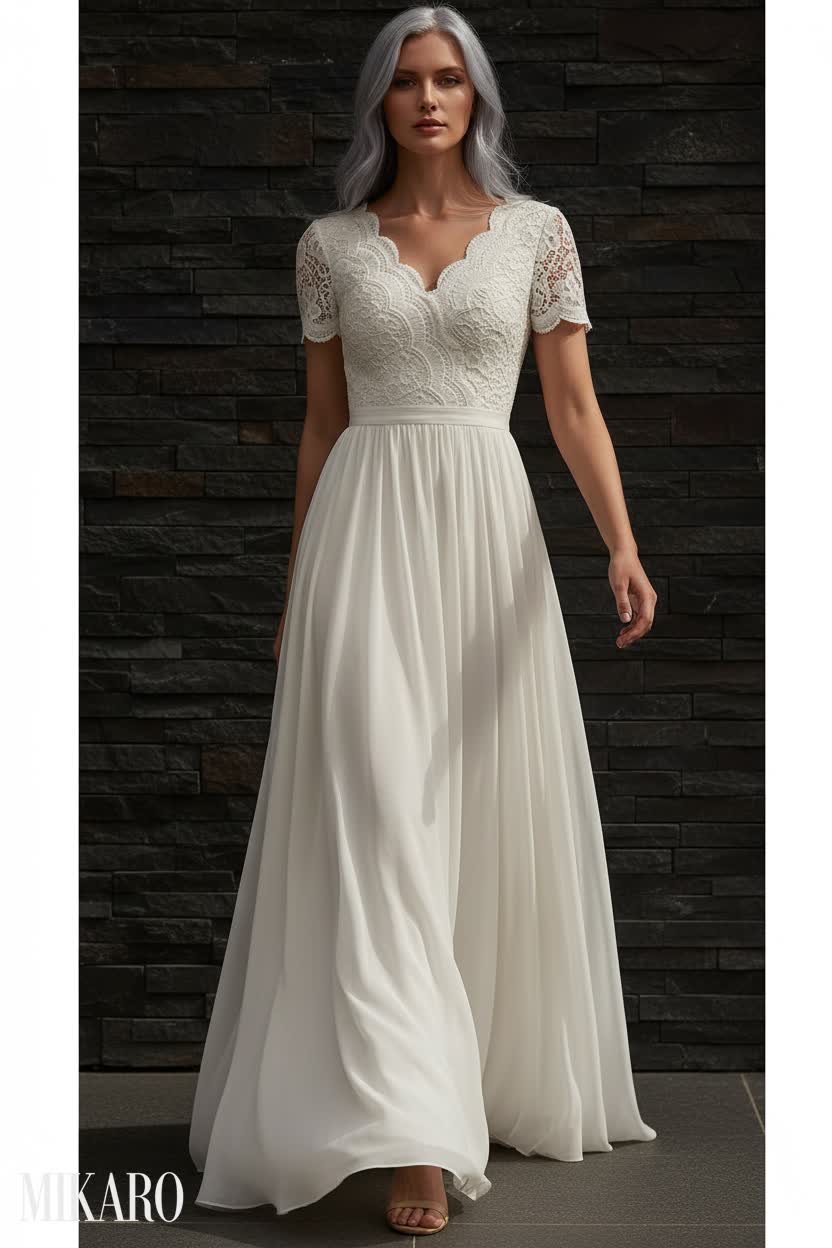 Lace Appliqued Chiffon A-Line Bridal Gown with Silver Hair